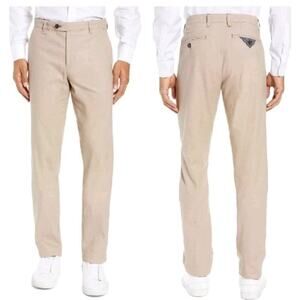 TED BAKER Mens Penguin Dress Pants Sz 32 R Khaki Tan Flat Front Cotton Trousers